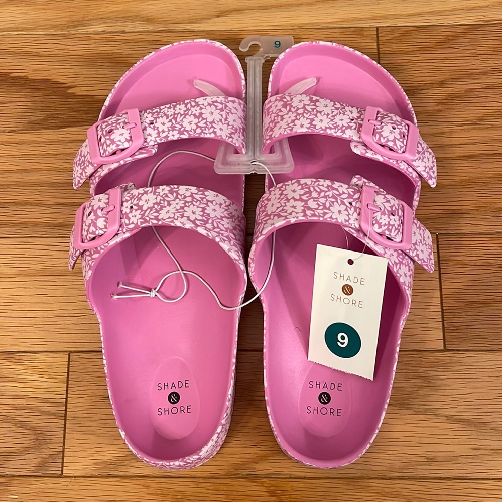 Shade & Shore Women’s Neida EVA Two Band Footbed Slide Sandals Pink Floral Sz 9